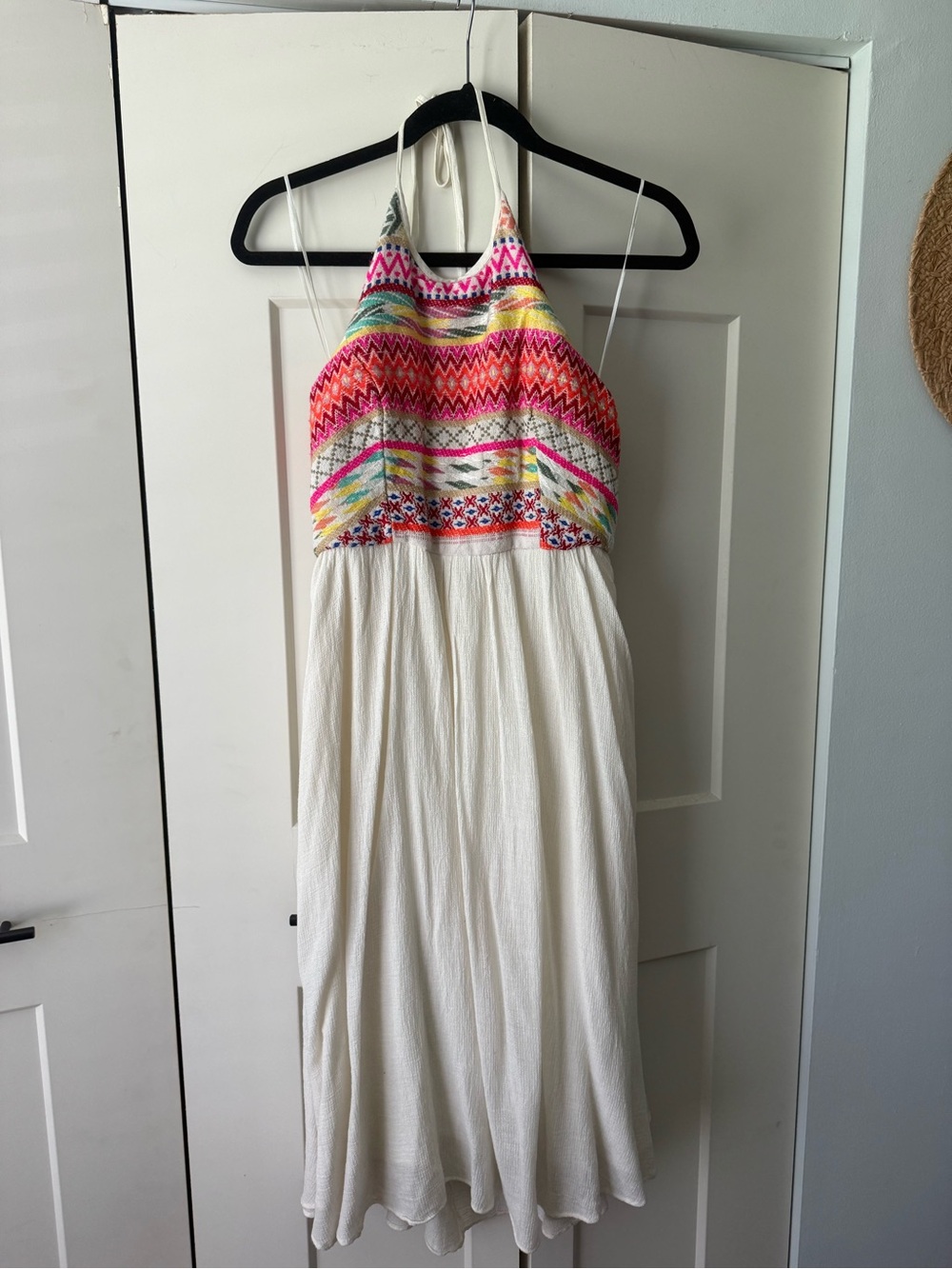 Willow & Clay White Maxi Dress with Multicolor Embroidered Halter Bodice